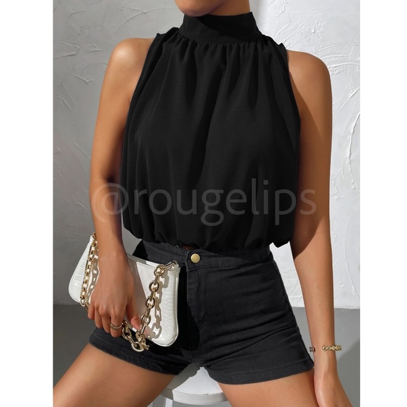 Black Crop Tulip Top High Neck Ties - Picture 2 of 9